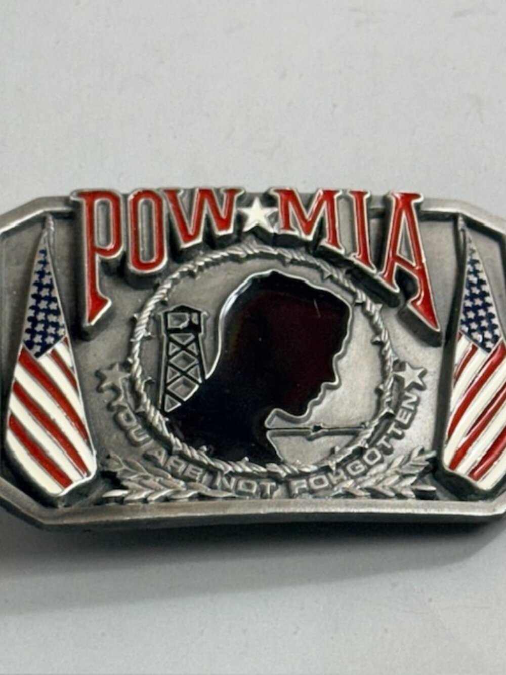 Vintage Belt Buckle Pewter POW MIA Never Forgotten Veterans Military Bergamot US